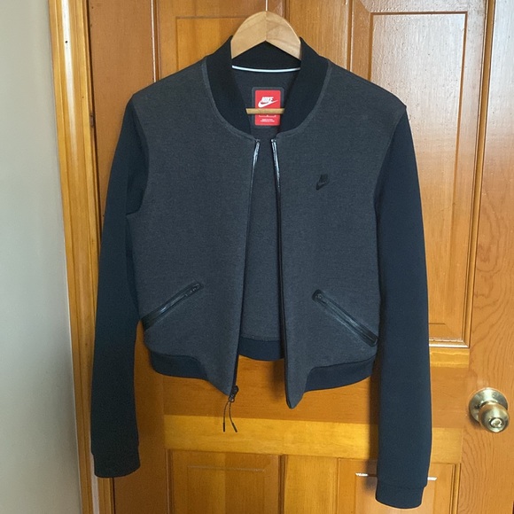 Nike Women Tech Fleece Cropped Bomber Jacket Black Charcoal Grey Sz Large - Picture 6 of 10